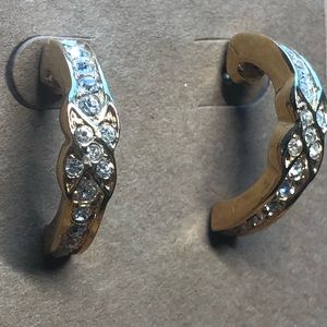 Vintage Gold Tone & Rhinestone Pierced Earrings Signed ROMAN CURVED 1973-1994